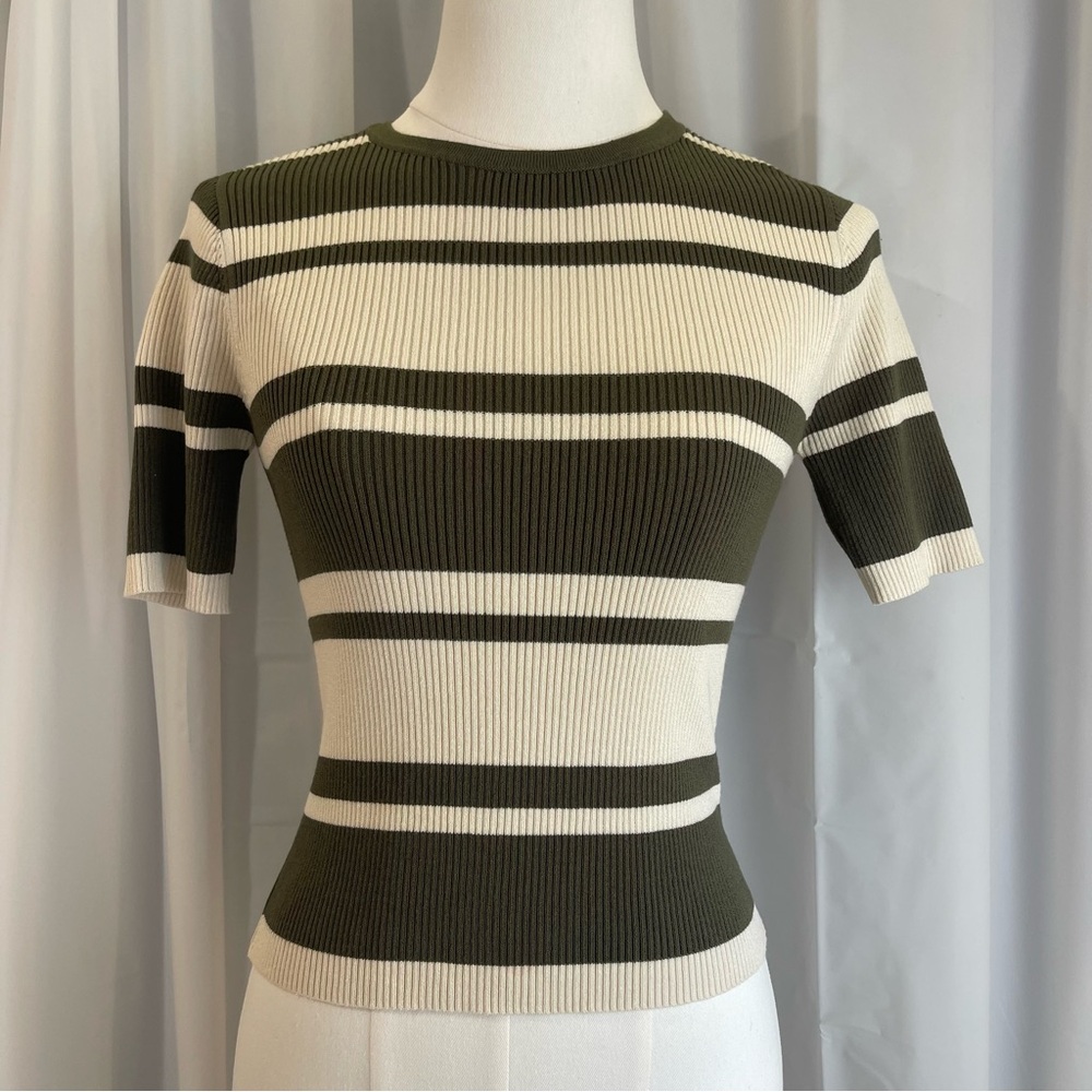 Milk & Honey Olive Green Ivory Striped Ribbed Short Sleeve Knit Top